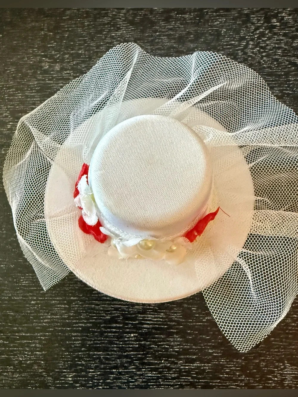 Disney Mary Poppins Fascinator White Mini Hat with Red and Cream Floral Accents